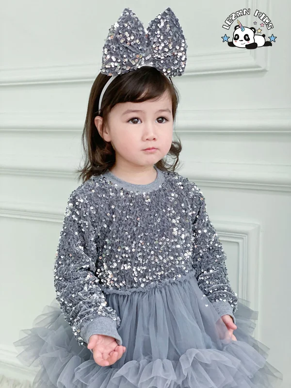 LEZONKIDS - Custom Comfortable Long Sleeve Red Velvet Girl Princess Dress Sequin Tulle Dress for Girls